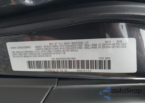 2008 Subaru Tribeca Limited 5-Passenger из США, поврежденный, VIN 4S4WX93D784418905